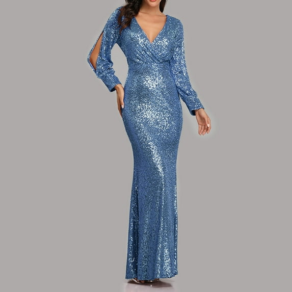 DondPO Sequin Dress for Women,Long Sleeve Dress Fishtail Evening Dresses Embroidered Wedding Bridesmaid Evening Bandage Prom Ball Gowns Plus Size Dresses,Maxi Dress Blue Dress L