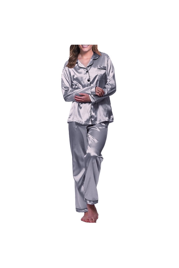 Silk Pajamas,Pajamas For Women Set Long Sleeve Button Up Sleepwear Soft Lightweight Comfy Long Pants Loungewear,Womens Silk Pajamas Set,Silk Pj Sets for Woman Gray 2XL