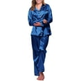 thumbnail image 1 of DondPO Silk Pajamas,Pajamas For Women Set Long Sleeve Button Up Sleepwear Soft Lightweight Comfy Long Pants Loungewear,Womens Silk Pajamas Set,Silk Pj Sets for Woman Blue 3XL, 1 of 6