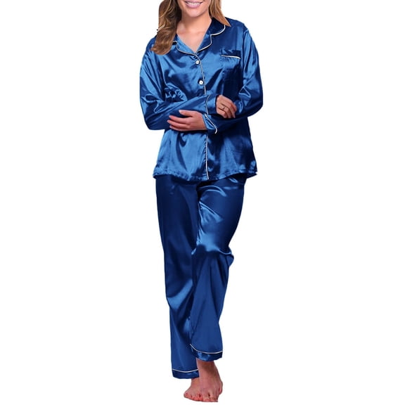 DondPO Silk Pajamas,Pajamas For Women Set Long Sleeve Button Up Sleepwear Soft Lightweight Comfy Long Pants Loungewear,Womens Silk Pajamas Set,Silk Pj Sets for Woman Blue XL