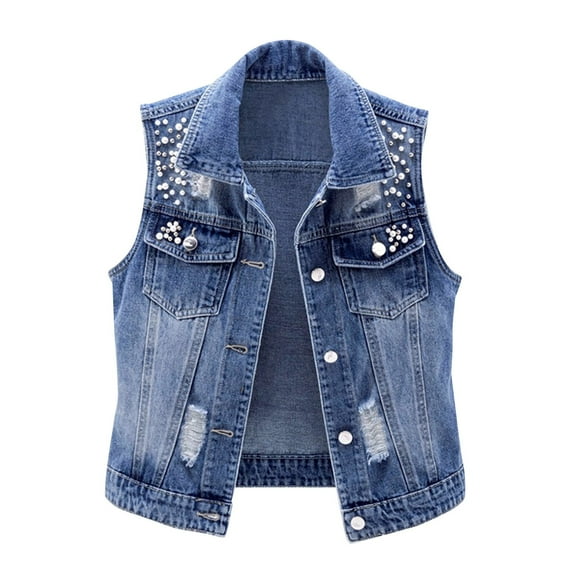 DondPO Sleeveless Denim Jacket Denim Vest Top For Women Jean Top Sleeveless Denim Vest Jean Vest Jean Vest For Women Jean Vest Top For Women Blue L