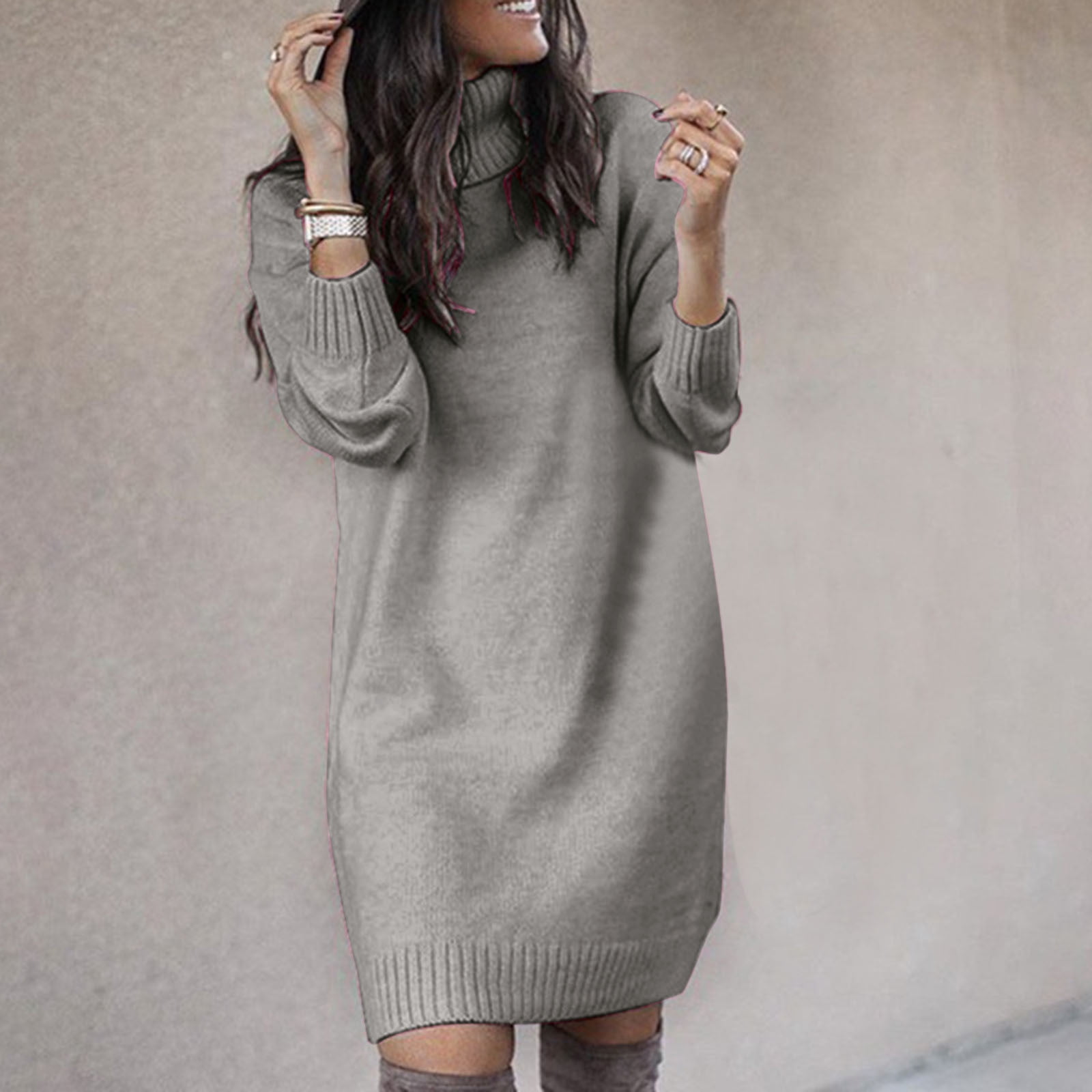 DondPO Sweater Dress for Women Winter Dresses Women's Autumn And Winter  Long High Collar Top Sweater Midi Dresses Long Sleeve Dress Grey Dress XXL 
