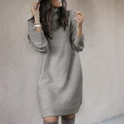 DONDPO Sweater Dress for Women Winter Dresses Women's Autumn And Winter Long High Collar Top Sweater Midi Dresses Long Sleeve Dress Grey Dress XXL