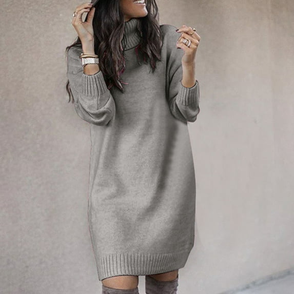 DondPO Sweater Dress for Women Winter Dresses Women's Autumn And Winter Long High Collar Top Sweater Midi Dresses Long Sleeve Dress Grey Dress XXL