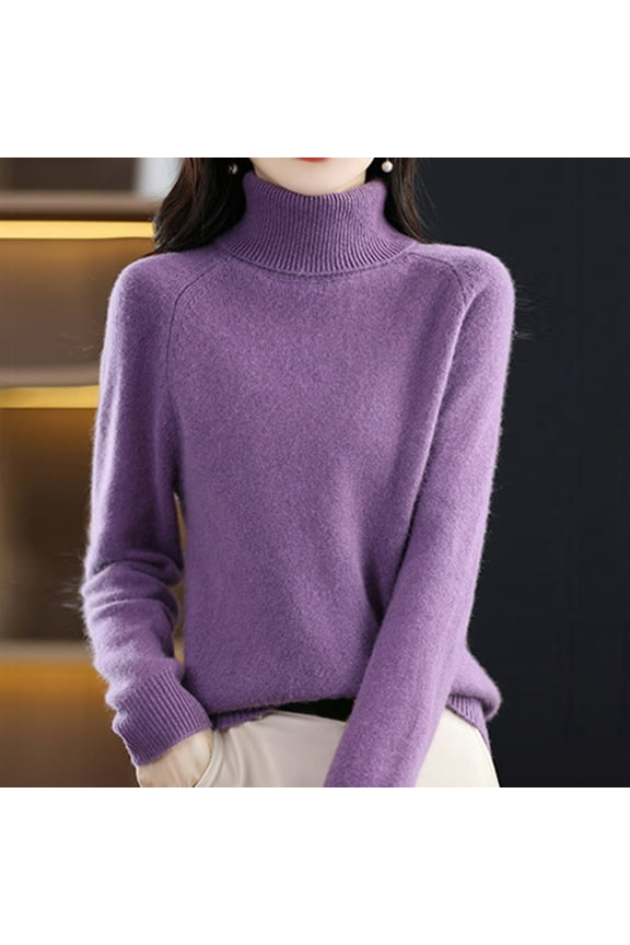 Sweaters for Women Turtleneck Sweater Women Autumn New Turtleneck Sweater Ladies Loose Large Size Thick Knitted Sweater Bottom Shirt Long Sleeve Shirts Womens Tops Purple L