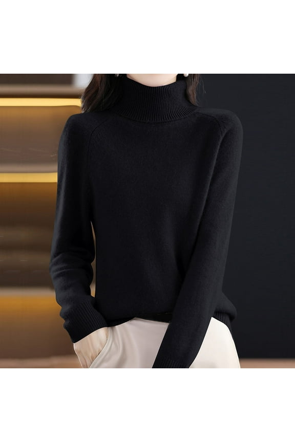 Sweaters for Women Turtleneck Sweater Women Autumn New Turtleneck Sweater Ladies Loose Large Size Thick Knitted Sweater Bottom Shirt Long Sleeve Shirts Womens Tops Black L