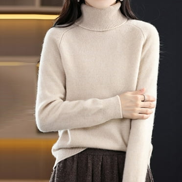 DondPO Sweaters for Women Turtleneck Sweater Women Autumn New Turtleneck Sweater Ladies Loose Large Size Thick Knitted Sweater Bottom Shirt Long Sleeve Shirts Womens Tops Beige L