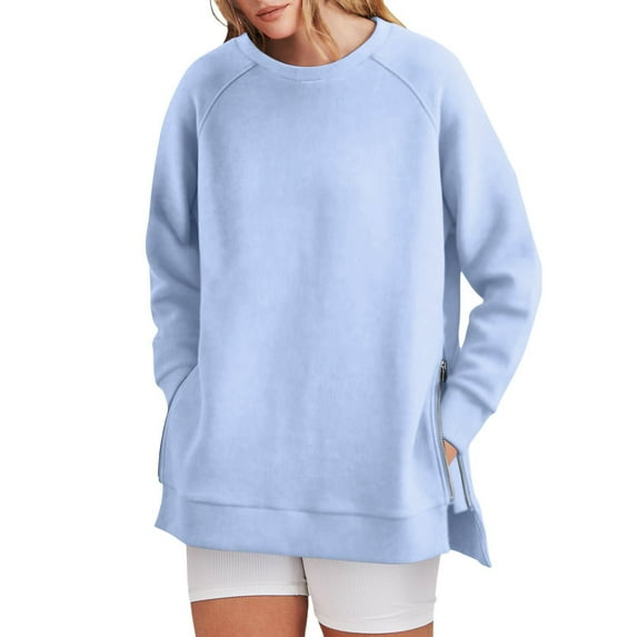 DondPO Sweatshirt for Women Women's Sweatshirts Long Sleeve Tunic Tops Crew Neck Soft Pullover with Side Zipper Shirt Clothes Hoodies for Teen Girls Oversized Sweatshirt for Women Blue XL