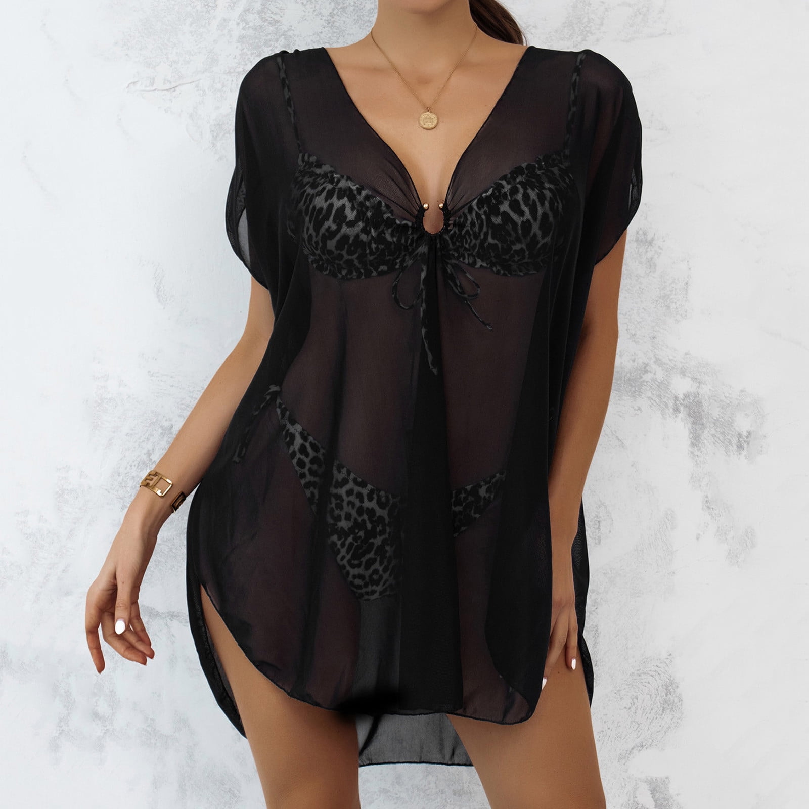 Wenrine Womens Black Swimsuit Coverup Shirt Dress