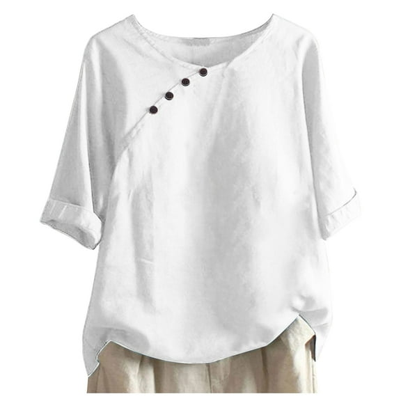 DondPO T Shirts for Women Workout Tops Women Casual Button Solid Color O Neck Short Sleeve T Short Blouse Tops Summer Tops Womens Tops White M