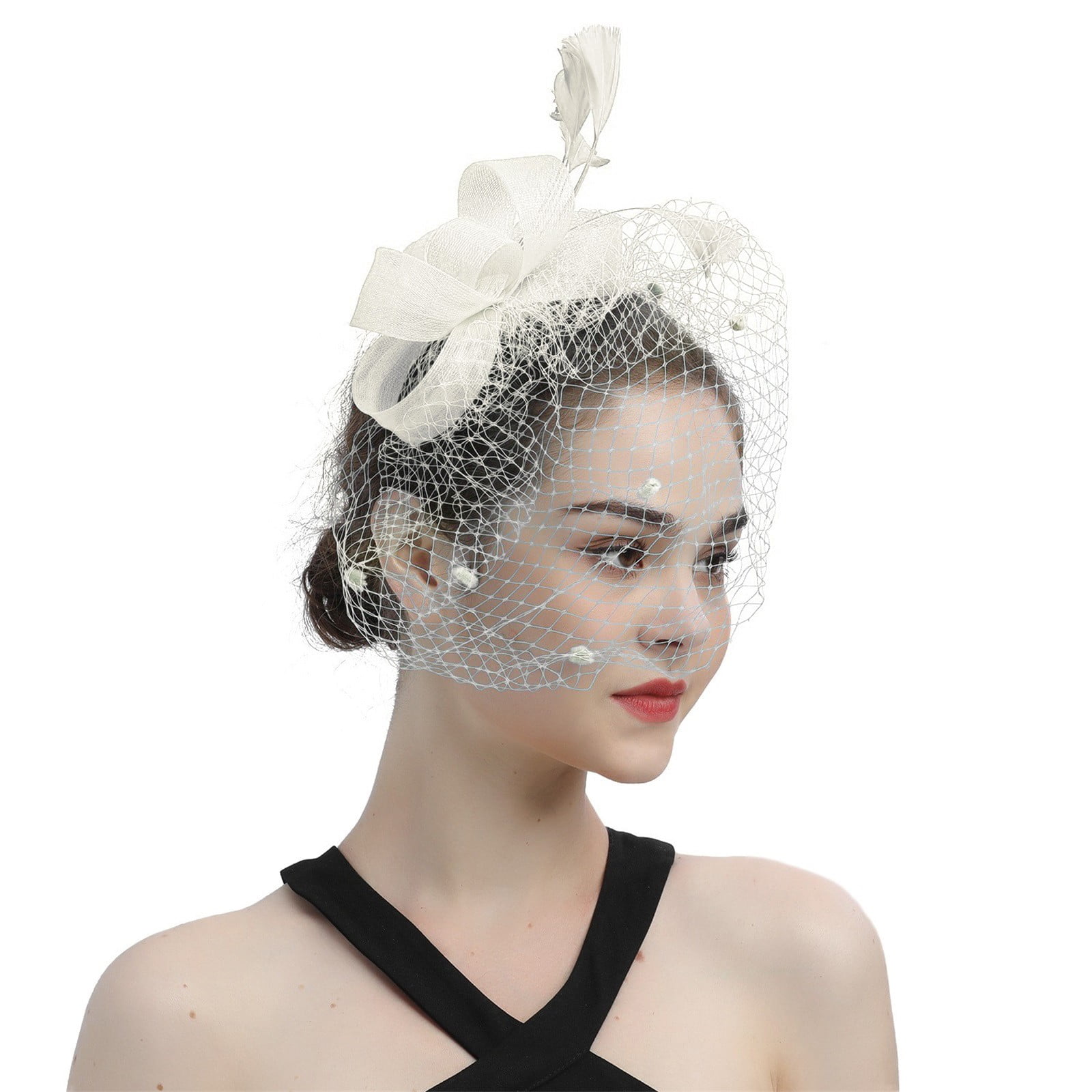 Abeillo Set Accessori Tea Party Anni '20 Per Donna - Fascinator Con Velo, Guanti In Pizzo E Collana Di Perle Finte, Nero - 4