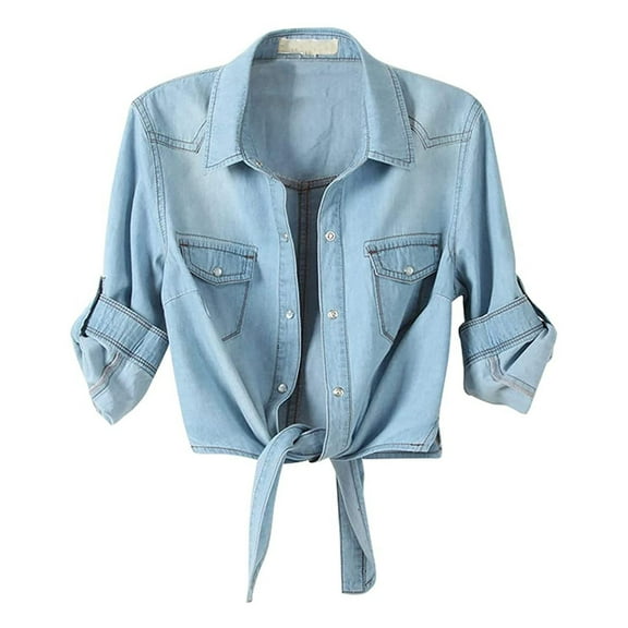DondPO Tshirts Shirts Blouses for Women Dressy Casual Tie 3/4 Jean Denim Shirt Knot Crop Jacket Button Down Top Sleeve Casual Women's Women's Blouse Womens Tops Womens Shirts Blue L
