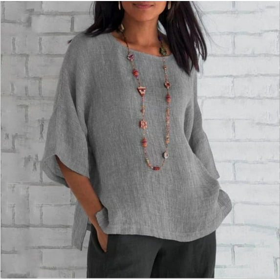 DondPO Tshirts Shirts Blouses for Women Dressy Casual Women Vintage Three Quarter O Neck Plus Size Top T Shirt Blouse Womens Tops Womens Shirts Grey M