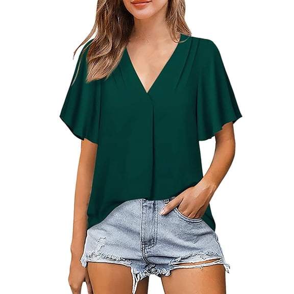 DondPO Tshirts Shirts for Women Short Sleeve Shirts Spring And Summer Stylish Elegant V Collar Tops Pleated Sleeve Blouse For Women Womens Tops Business Casual Tops Green L