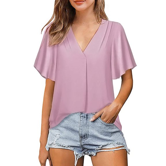DondPO Tshirts Shirts for Women Short Sleeve Shirts Spring And Summer Stylish Elegant V Collar Tops Pleated Sleeve Blouse For Women Womens Tops Business Casual Tops Pink L