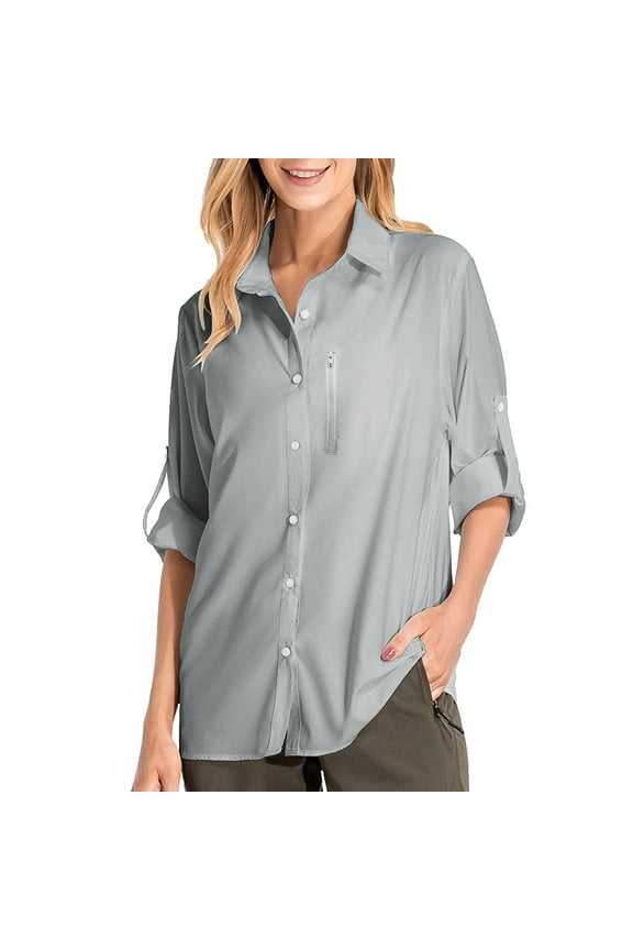 Tshirts Shirts for Women Short Sleeve Shirts Womens Shirts UPF 50+ Sun Long Sleeve Outdoor Cool Fishing Hiking Shirt Womens Tops Business Casual Tops Grey L