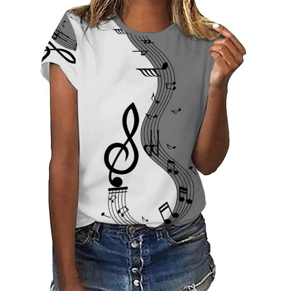 DondPO Tshirts for Women,Graphic Tee Shirts For Women Vintage Musical Note Print Tees T Shirt Gift Shirt Top Short Sleeve Shirts,Summer Tops for Women 2024,Deal Of The Day Clearance Grey M