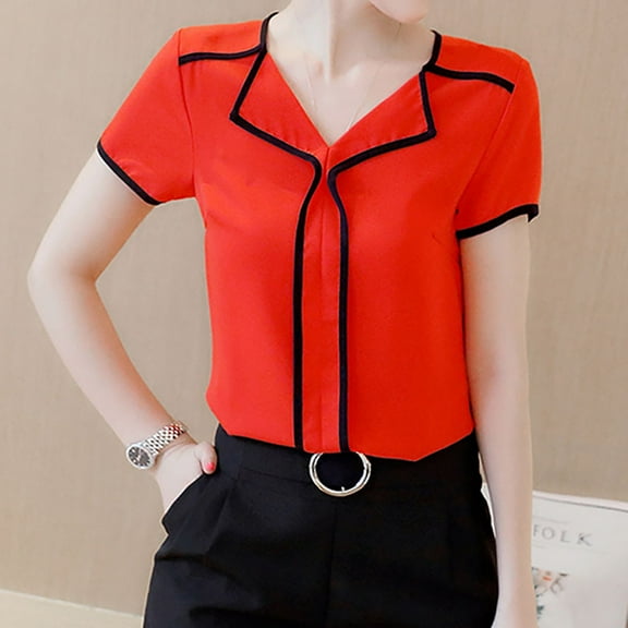 DondPO Tshirts for Women,Short Sleeve Shirts Short Sleeved Chiffon Standing Collar Women's Shirt Summer Slim Fitting Chiffon Shirt Women's Clothing V Neck T Shirts,Summer Tops, Items,Red L