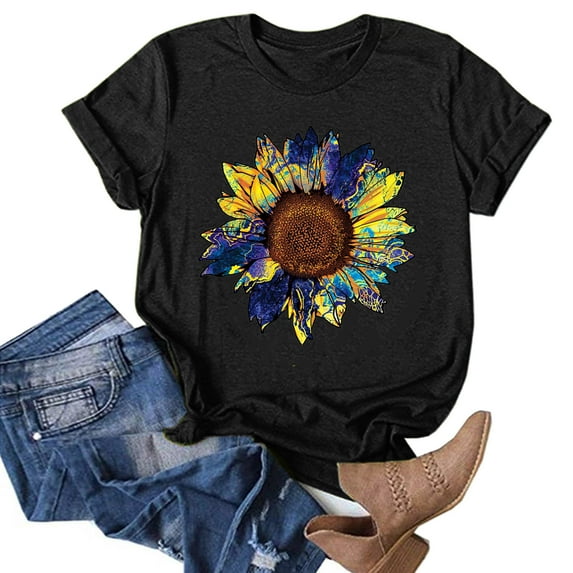 DondPO Tshirts for Women,Summer Tops Women ShirtSunflower Print Top Shirts Women ShirtSunflower Print Top Shirts Graphic Tees,Tshirts Shirts,Women's Tops,Short Sleeve Tops Black XXL