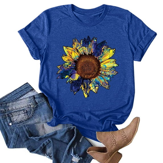 DondPO Tshirts for Women,Summer Tops Women ShirtSunflower Print Top Shirts Women ShirtSunflower Print Top Shirts Graphic Tees,Tshirts Shirts,Women's Tops,Short Sleeve Tops Blue L
