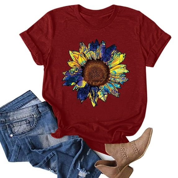 DondPO Tshirts for Women,Summer Tops Women ShirtSunflower Print Top Shirts Women ShirtSunflower Print Top Shirts Graphic Tees,Tshirts Shirts,Women's Tops,Short Sleeve Tops Wine M
