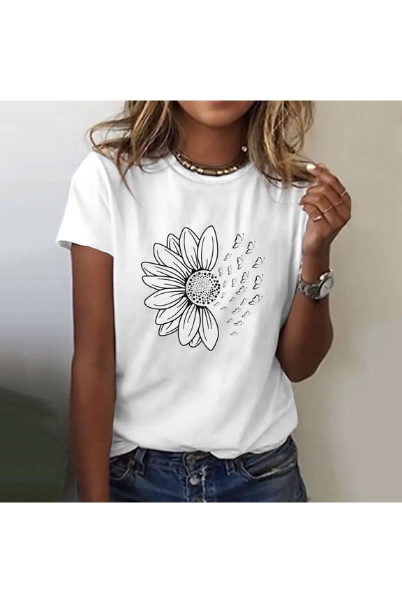 Tshirts for Women,Summer Tops Women Sunflower Summer T Shirt Plus Size Loose Blouse Tops Girl Graphic Casual Tees Graphic Tees,Tshirts Shirts,Women's Tops,Short Sleeve Tops White L
