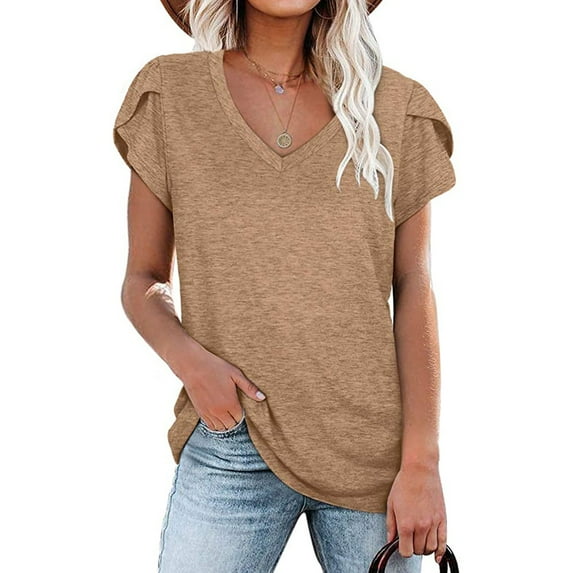 DondPO Tshirts for Women,Fitted T Shirts Women ShirtShort SleeveCasualStylish Top Shirts Vneck Tshirts,Basic Tees,Short Sleeve Shirts Brown L