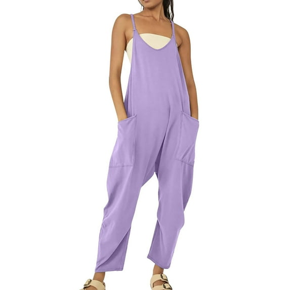 DondPO Women Shorts Women's Casual Sleeveless Jumpsuits V Neck Spaghetti Strap Overalls Long Pants Romper With Two Pockets Workout Shorts Women Gym Shorts Women Purple XS (Clearance)
