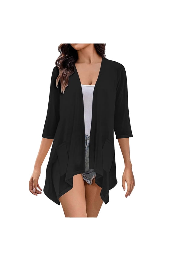 Women's Cardigans Lightweight Cardigans For Women 3/4 Sleeves Open Front Boho Draped Ruffles Plus Size Knit Cardigan Cardigan Sweaters for Women Beach Shirts for Women White M