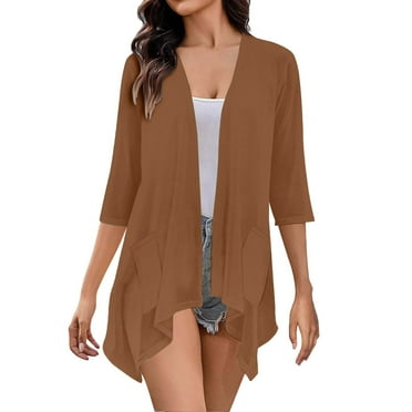 DondPO Women's Cardigans Lightweight Cardigans For Women 3/4 Sleeves Open Front Boho Draped Ruffles Plus Size Knit Cardigan Cardigan Sweaters for Women Beach Shirts for Women Black L Clearance！