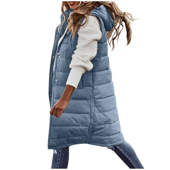 DondPO Women's Outerwear Vests Quilted Warm Coat wirh Pockets Vest Long Quilted Outdoor Sleeveless wirh Hood Coat Winter Women's Vest wirh Hood for Women Womens Quilted Vest Blue 2XL