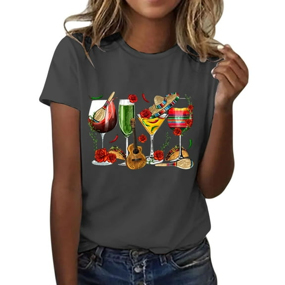 DondPO Women's T-Shirts De Women's Wine Glass Mexican Printed Shirt Short Sleeve Round Neck T Shirt Fashion top Casual Summer Clothing Clothes Shirts for Women Womens tops Gray M
