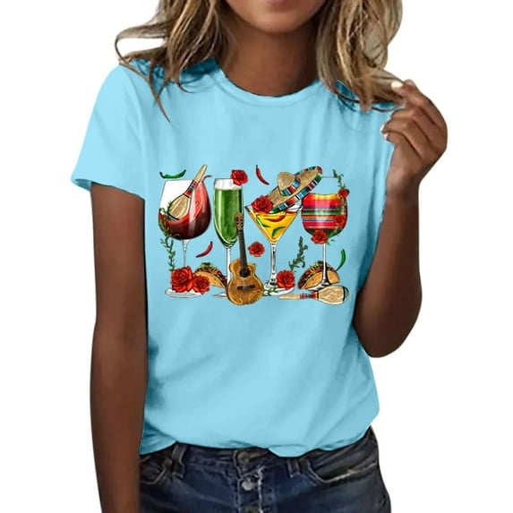 DondPO Women's T-Shirts De Women's Wine Glass Mexican Printed Shirt Short Sleeve Round Neck T Shirt Fashion top Casual Summer Clothing Clothes Shirts for Women Womens tops Blue M