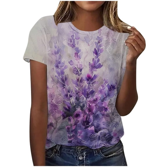 DondPO Women's T-Shirts Women's Awareness Shirt Purple Ribbon Floral Short Sleeve T Shirts Caring tops Shirts for Women Womens tops Brown M