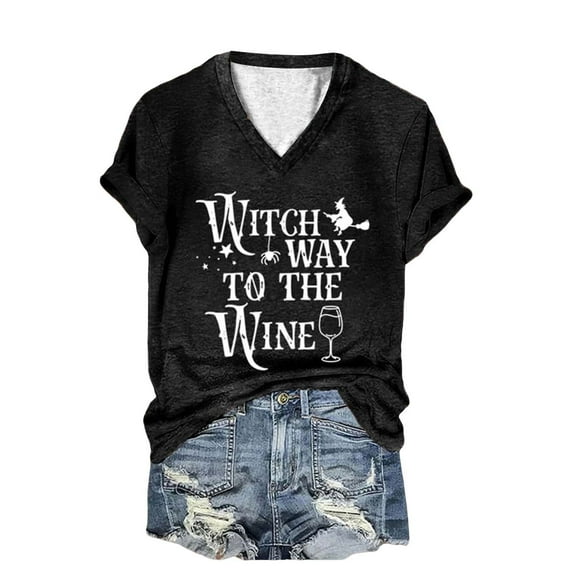 DondPO Women's T-Shirts Women's Fashion Casual Letter Halloween Print V Neck Short Sleeve T Shirt top Shirts for Women Womens tops Black S