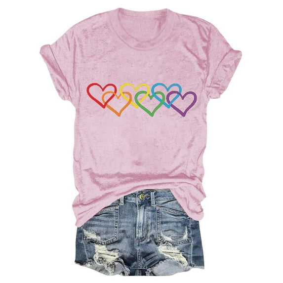 DondPO Women's T-Shirts Women's Rainbow Color Heart Casual Summer Short Sleeve Crew Neck Tee Shirts for Women Womens tops Pink M