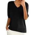 thumbnail image 1 of DondPO Women's T-Shirts Women's Round Neck Short Sleeved Loose T Shirt with A Knit Bottom Short top Shirts for Women Womens tops Black L, 1 of 9