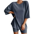 thumbnail image 1 of DondPO Women's Two Piece Outfits 2 Sets Ribbed Knit Pajamas Matching Outfits T Shirt Biker Shorts Sleepwear Sweatsuits Womens Jogger Set Lounge Sets for Women Blue L Clearance！, 1 of 8