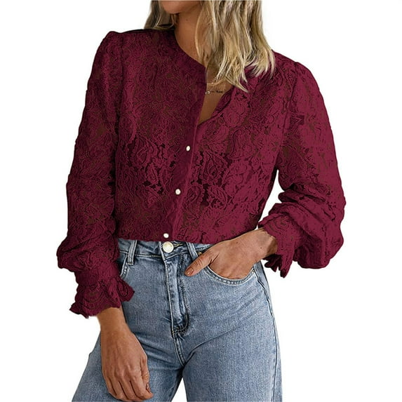 DondPO Womens Button Down Shirt,Women's Casual Lace Blouse Long Sleeve Button Up Shirts Tops Fall Fashion Clothes,Womens Shirts Casual,Work Tops for Women Red XL