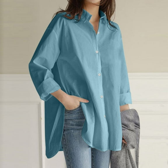DondPO Womens Button Down Shirts,Long Sleeve Shirts Solid Top Sleeve Long Blouse Loose Size Button Women's Plus Casual Shirt Summer Shirts,Work Shirts,Blouses for Women Dressy Casual Light blue L