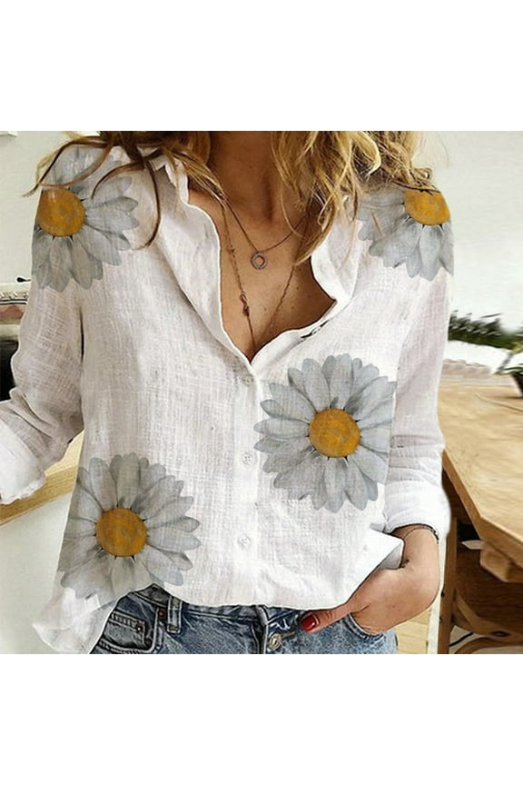 Womens Button Down Shirts,Long Sleeve Shirts Womens Loose Daisy Printing Long Shirt Cotton Ladies Casual Tops T-Shirt Blouse Linen Shirts,Summer Shirts,Blouses for Women Dressy Casual A S