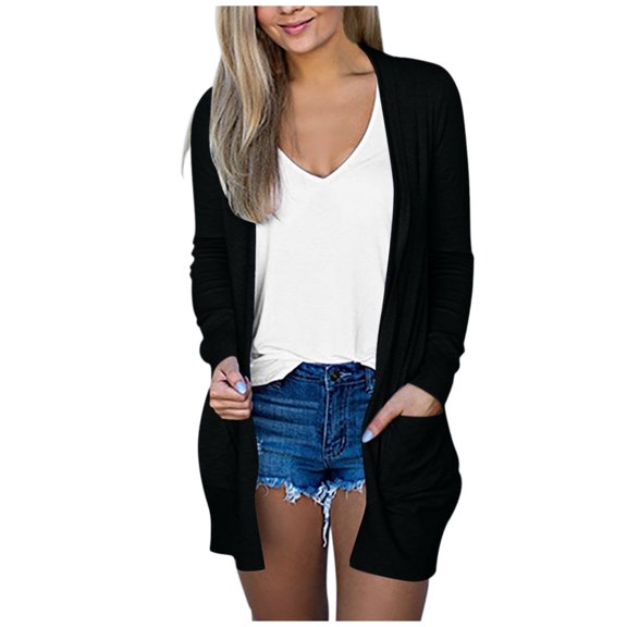 DondPO Womens Cardigans Sweaters Long V-neck Womens Ladies Sleeve Pockets Coat Solid Outerwear Cardigan Women's Coat Cardigan Sweaters for Women Sweaters for Women Black 3XL