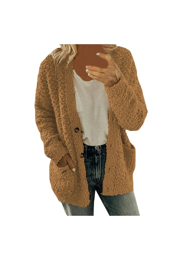 Womens Cardigans Sweaters Women Casual Plus Size Plush Sweater Pockets Outerwear Buttons Cardigan Coat Cardigan Sweaters for Women Sweaters for Women Brown M