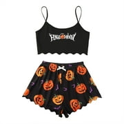 DONDPO Womens Pajama Sets Halloween Pajamas Women Print Lettuce Trim Top And Shorts Cute Funny Skeleton Pajama Sets Sleepwear Silk Pajamas For Women Womens Loungewear Set Black S Clearance！