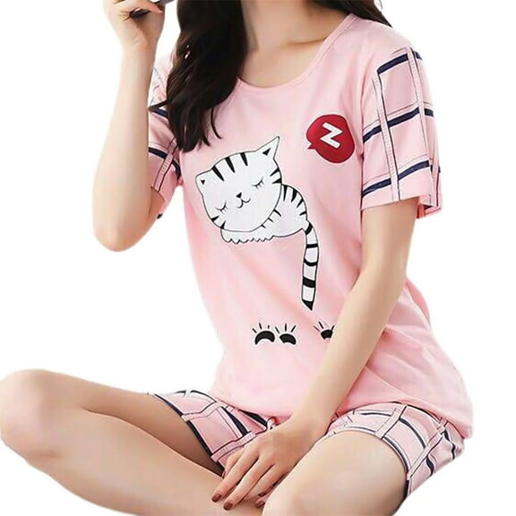 DondPO Womens Pajama Sets Pajamas Two Set Short Sleeve Loose Top Shorts Women Cats Print T Shirt Shorts Sleepwear For Summer Spring Silk Pajamas For Women Womens Loungewear Set Pink XL