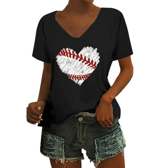 DondPO Womens Summer Tops Women's Baseball Festival Solid Color Baseball Printed V Neck Short Sleeved Top Cotton T Shirts Women Plus Size Tops for Women