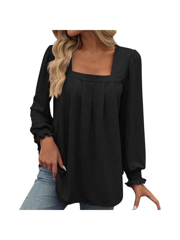 Womens T Shirts Womens Dressy Blouses 2024 Tunic Tops Business Loose Fit Square Neck Ruffle Long Sleeve Shirts Casual Shirts for Women Plus Size Tops for Women Black XL