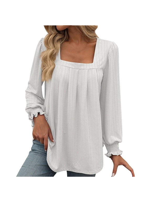 Womens T Shirts Womens Dressy Blouses 2024 Tunic Tops Business Loose Fit Square Neck Ruffle Long Sleeve Shirts Casual Shirts for Women Plus Size Tops for Women White M