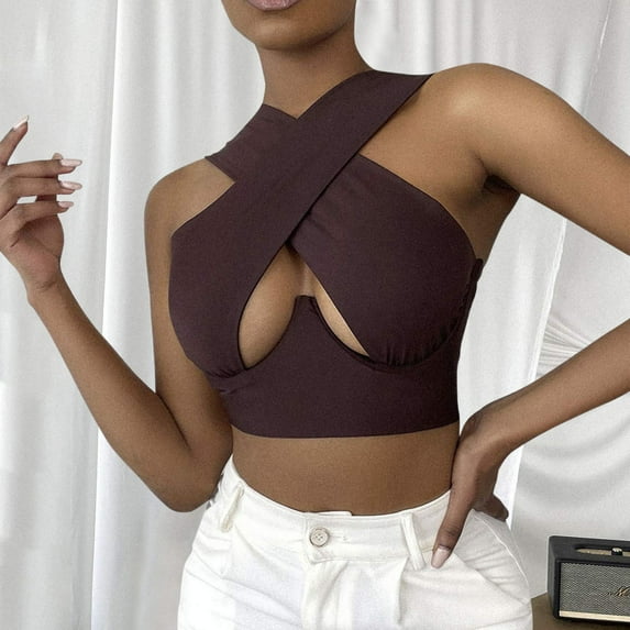 DondPO Womens Tank Tops,Going Out Tops Vest Tank Top Women's Solid Crisscross Out Crop Tops Cut Wrap Women's Blouse Crop Tops,Halter Tops, Items,Brown XL