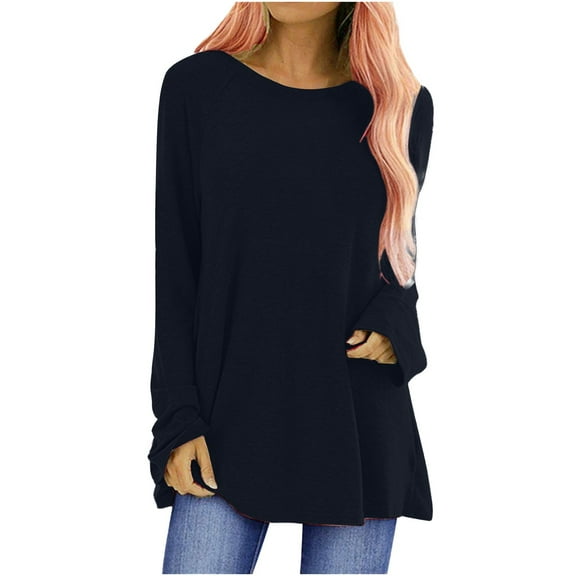 DondPO Womens Tops Long Shirt Women's Top Casual Plain Tops Spring Summer Cotton Blouses Long Sleeve Shirts For Women Womens Shirts Dressy Casual Blue 2XL